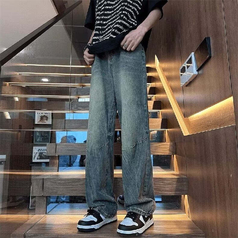 夏季美式复古ins高街竹节纹针缝牛仔裤男微喇裤宽松直筒痞帅长,男装牛仔裤,星座218-1（原230）