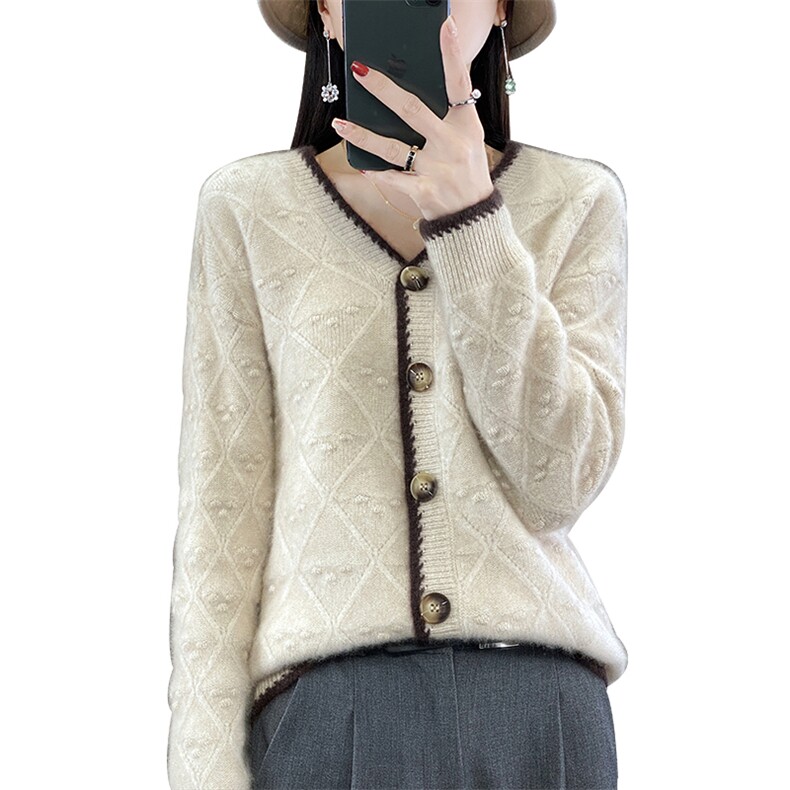 25秋冬100%羊毛开衫女V领菱形提花长袖外套宽松撞色羊绒针织毛衣,女装羊毛衫,隆格羊绒