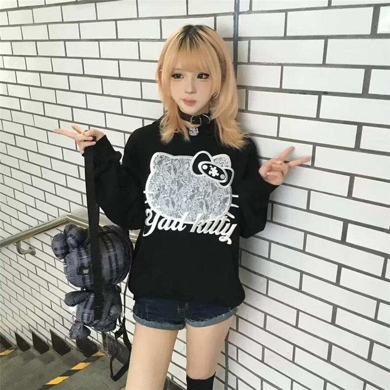 WY43-P58 小众猫耳设计连帽宽松卫衣女复古刺绣街头ins潮显瘦图片