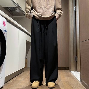 美式设计感褶皱工装休闲裤男夏季薄款长裤宽松直筒阔腿拖地裤图片