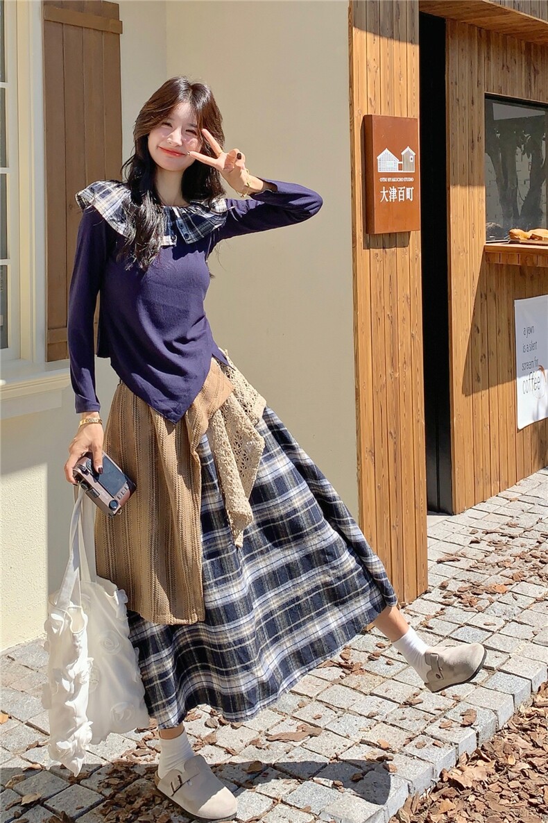 韩系chic穿搭蓝色上衣套装女春秋超火好看高级感格子半身裙两件套,女装套装/套裙,2C133
