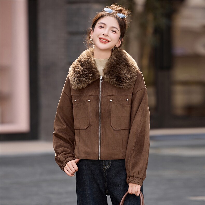 复古咖色麂皮绒加绒外套女2025秋冬小个子超好看加厚保暖棉服上衣,女装短外套,英标秀（1C119）