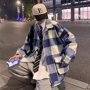 400-P67 男装格纹毛呢外套男秋冬新款时尚休闲宽松含羊毛夹克图片