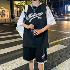 夏季短袖T恤套装纯棉宽松潮流运动篮球服男两件套男装F312P60控89，男装T恤，电商A086