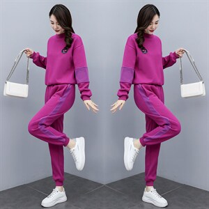 加绒加厚休闲服套装女春秋新款半高领卫衣减龄拼接运动显瘦两件套图片