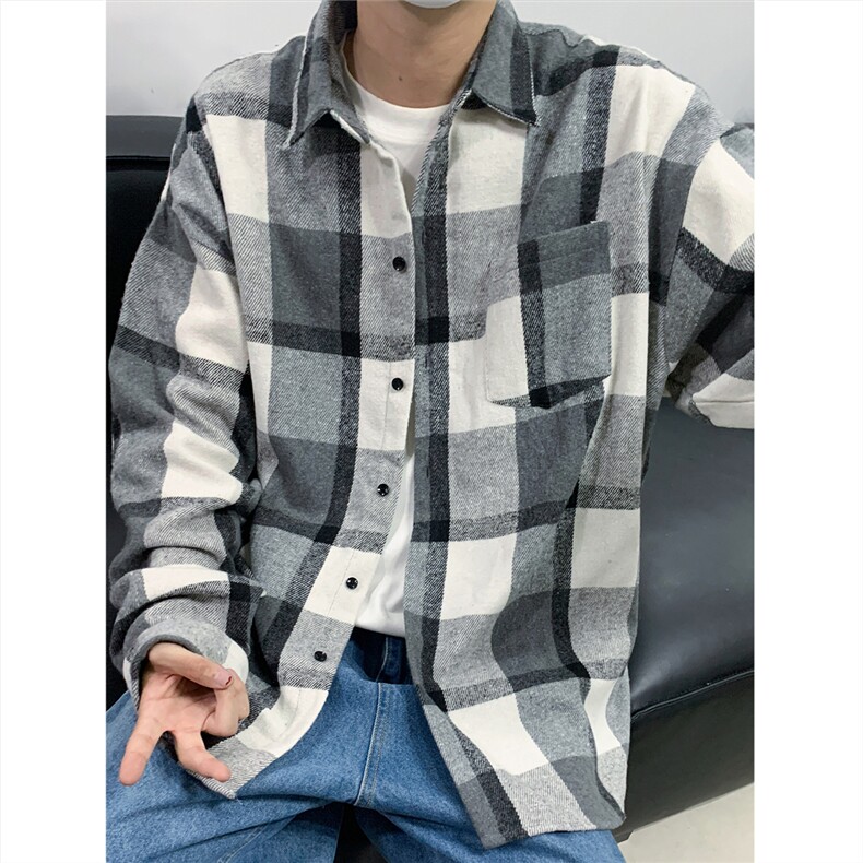 现货~磨毛加厚格子大码长袖衬衫C5892/特P25黑白,男装衬衫,电商A094