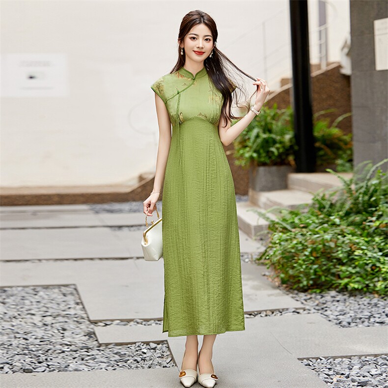 《黛颜侍女图》夏季改良新中式民G风半开襟仕女图旗袍拼接连衣裙,女装连衣裙,宝儿家