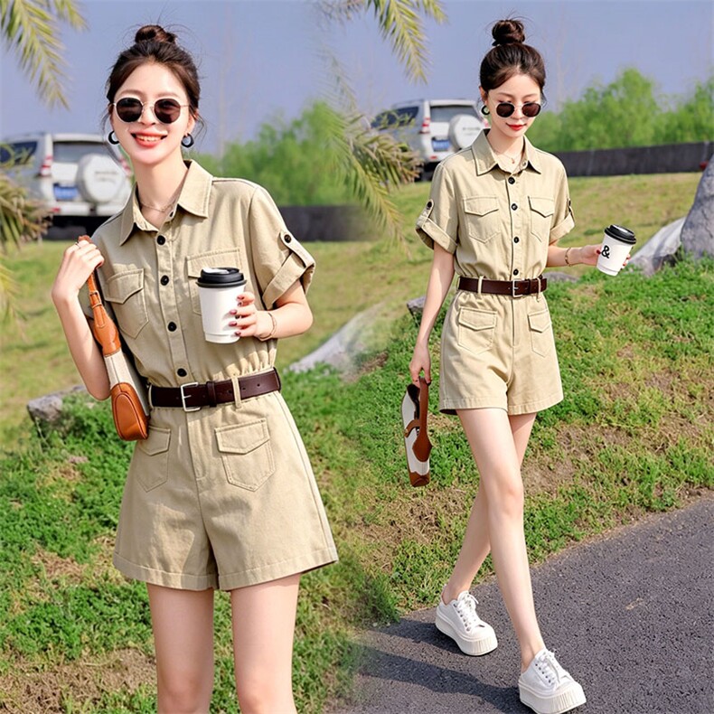 （新款现货）2026夏装时尚莱赛尔天丝棉麻工装连体短裤（配腰带）,女装连体裤,印象茜