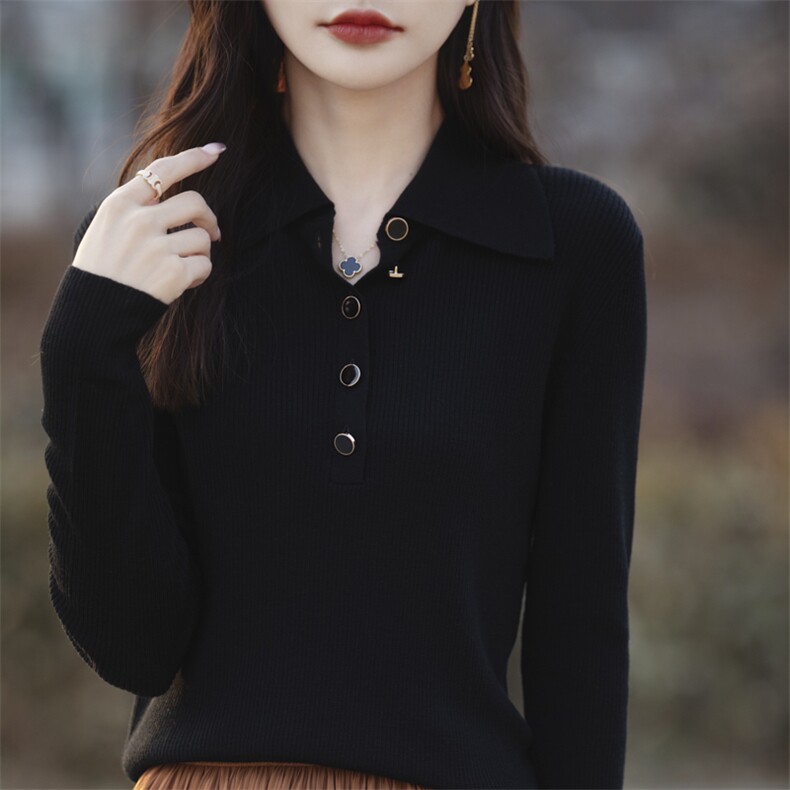 春秋季新款POLO领超细羊毛针织衫女毛衣翻领高级感打底衫内搭上衣，女装羊毛衫，戎美山