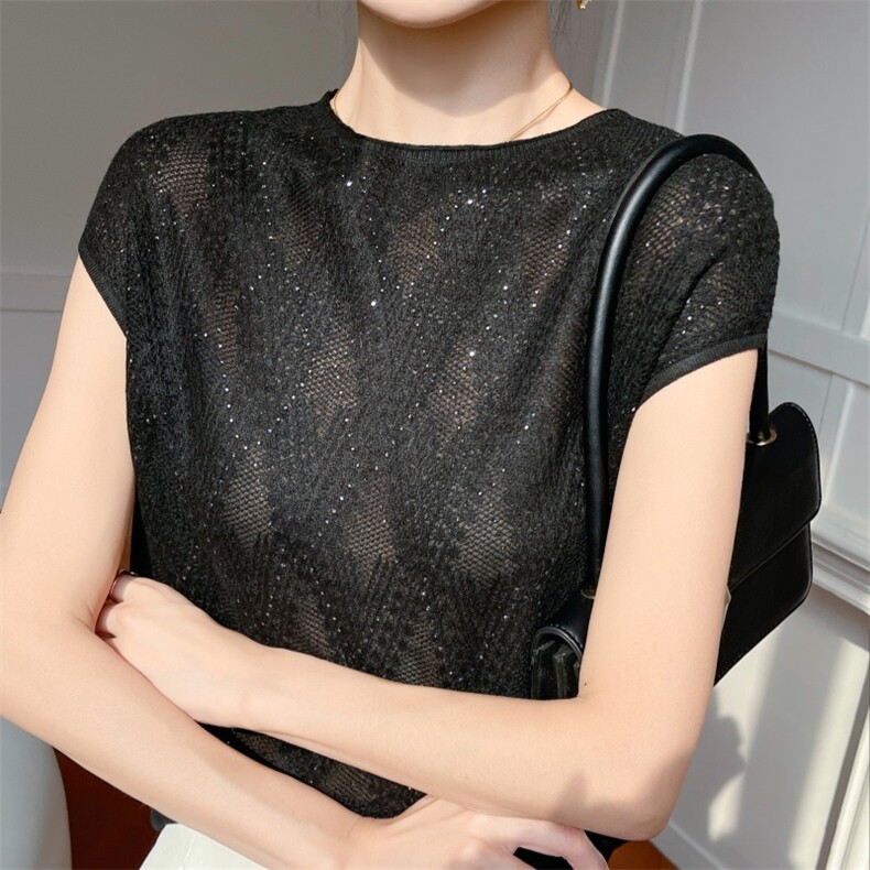 时尚显瘦百搭夏季新款女士烫钻16针欧根纱短袖,女装T恤,雪真羊绒