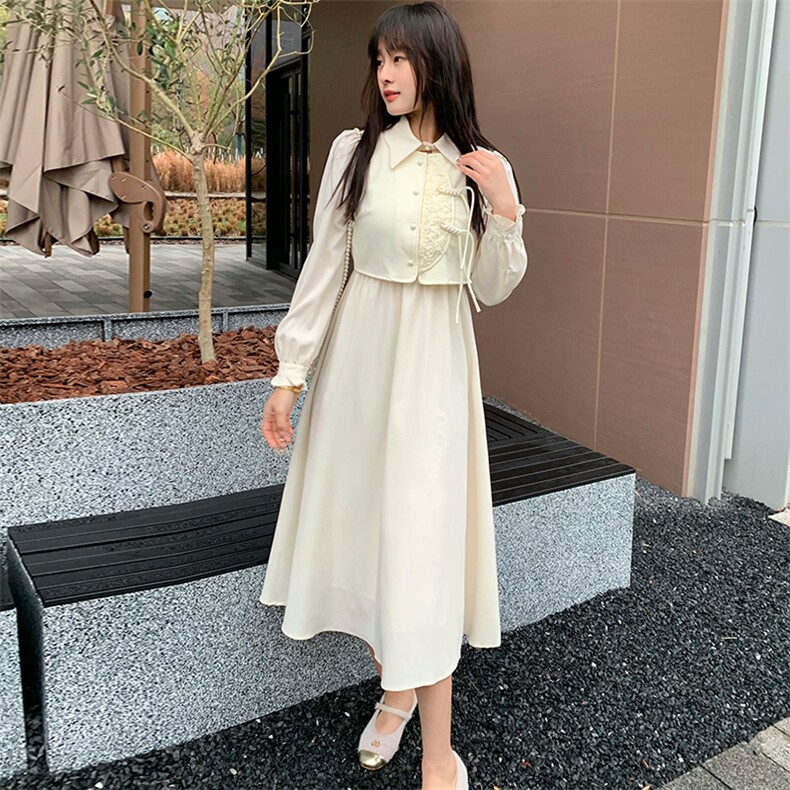 现货2024年春季女金典时尚潮流新中式复古盘扣网红假两件套连衣裙,女装连衣裙,煊芮熙