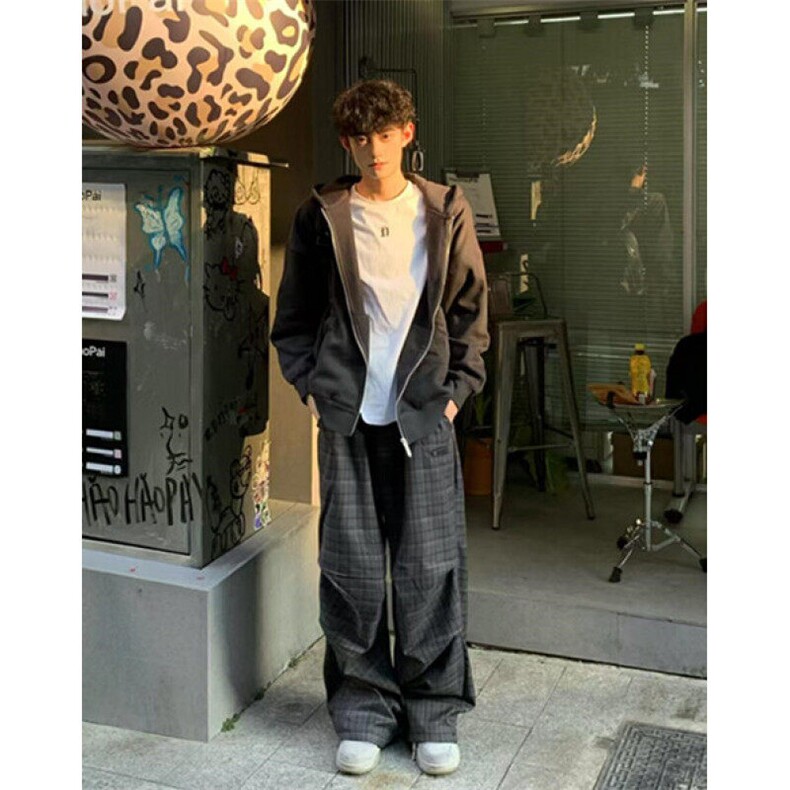 阔腿慵懒风格子裤男女宽松直筒松弛感深灰暗纹褶皱休闲裤 K9G6图片