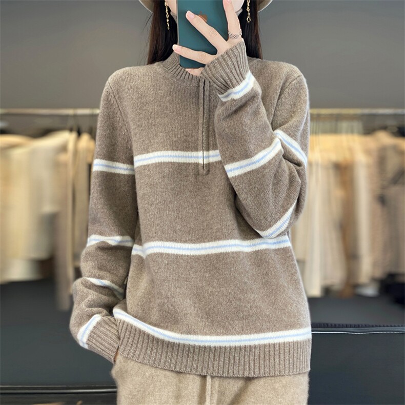 高翻领半开女秋冬新款长袖撞色宽松百搭毛衣加厚上衣,女装羊毛衫,大美人高端店