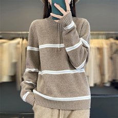 高翻领半开女秋冬新款长袖撞色宽松百搭毛衣加厚上衣，女装羊毛衫，大美人高端店