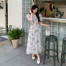 《现货新品》法式轻熟风泡泡袖水墨花连衣裙，女装连衣裙，MQ