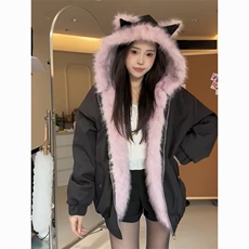 1506A/G36210/P99两面穿兔耳朵连帽粉色毛毛外套女保暖棉服，男装棉衣，星座1506A