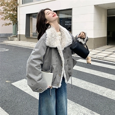 灰色羊羔毛拼接牛仔派克服女2025年冬季新款韩系复古加绒加厚棉服，女装派克服，2C056
