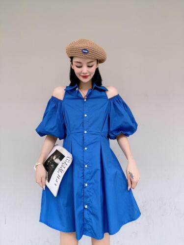 韩版漏肩泡泡袖连衣裙，女装连衣裙，玩美