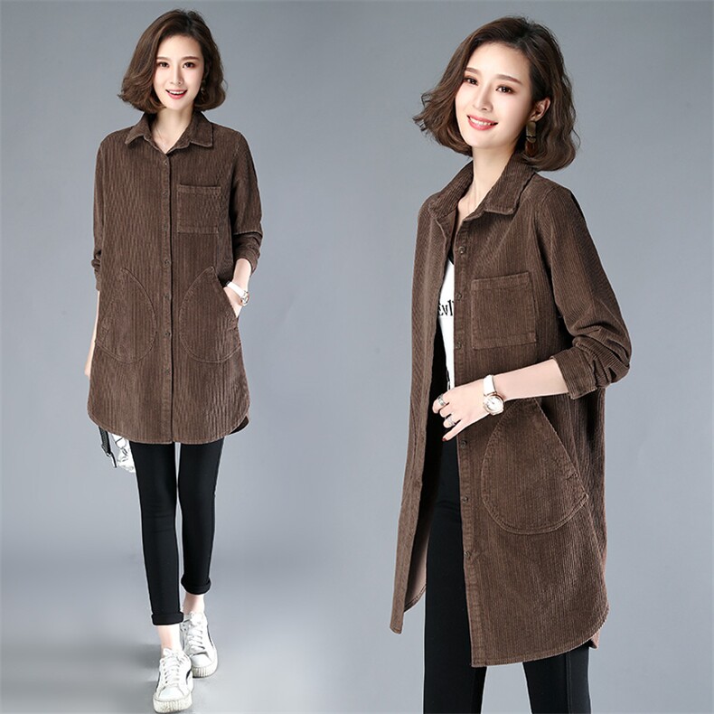 灯芯绒长袖衬衫女2025年春秋新款中长款大码休闲薄款外套妈妈上衣，女装衬衫，涵誉