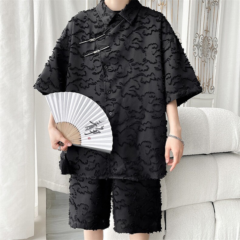 特批P67无差价夏季新中式风毛边大码五分套装男CD2260+DK2160，男装休闲套装，电商A001-1