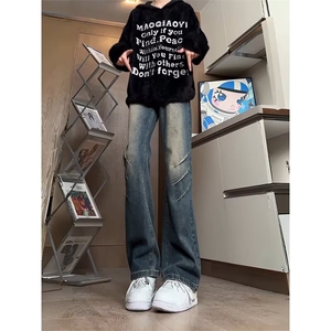 废土风复古脏染抓痕牛仔裤宽松直筒阔腿vintage裤子K7101-P45网图图片