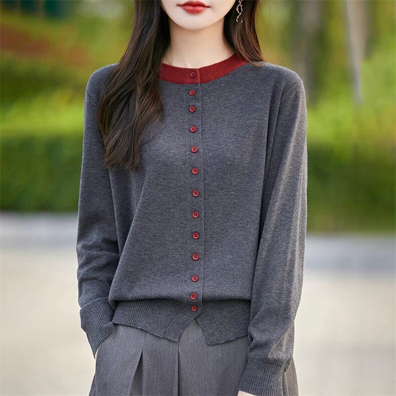 秋冬100%纯棉针织衫女圆领拼色纽扣长袖毛衣宽松开叉套头打底上衣,针织衫/毛衣,昂家羊绒