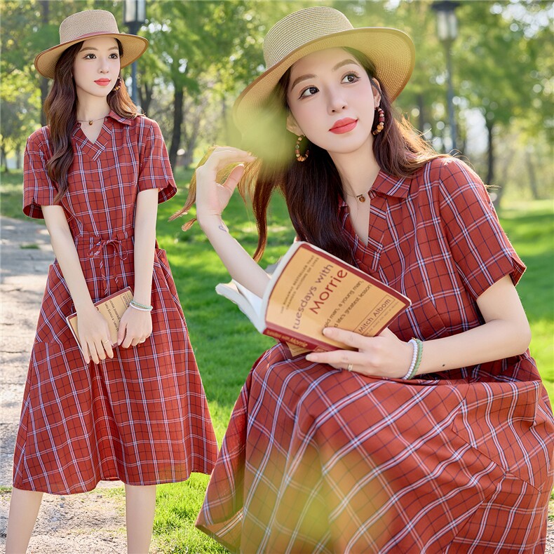 6309时尚翻领格纹抽绳显瘦连衣裙，女装连衣裙，倪叶myz