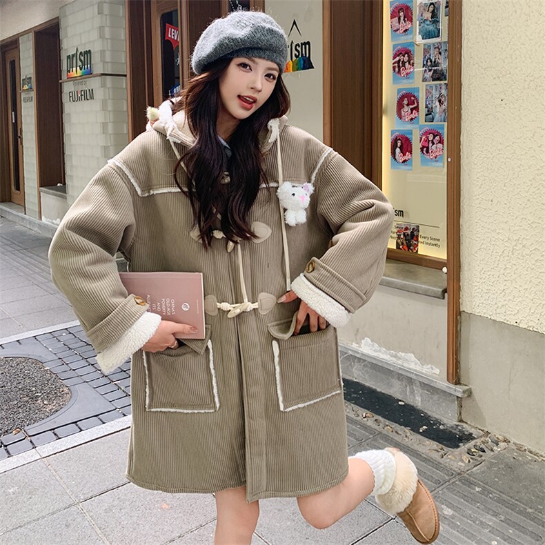 连帽灯芯绒皮毛一体外套可爱可拆卸玩偶棉服,女装棉衣/棉服,天使之佳话