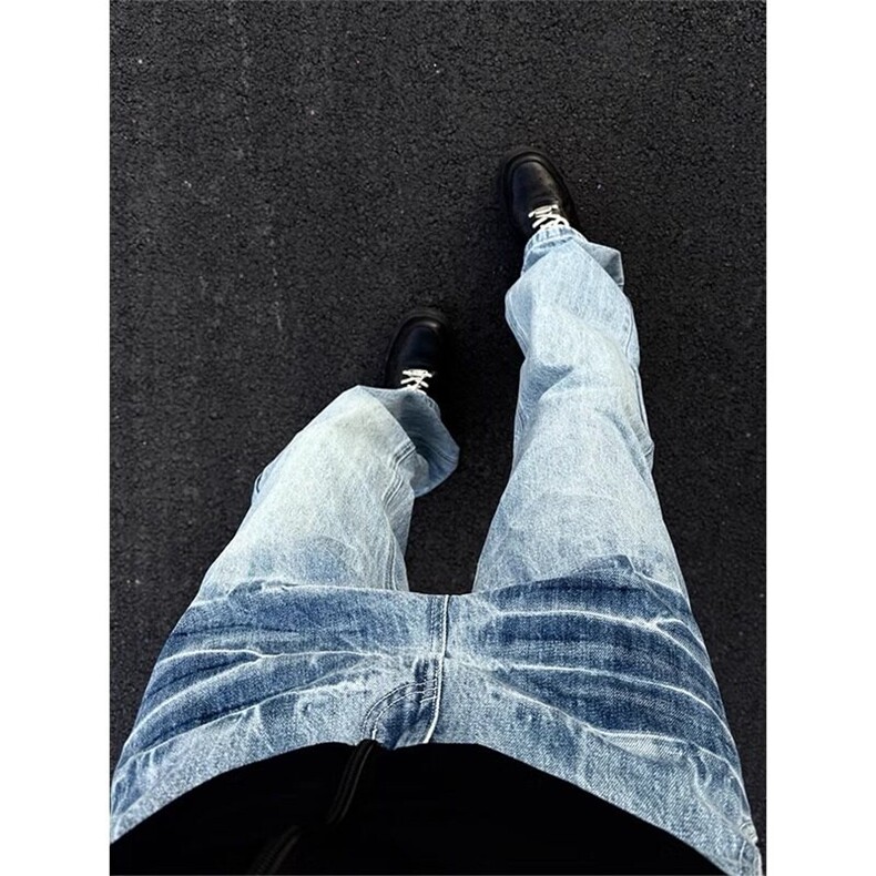 闪电纹牛仔裤男春夏高街vibe裤子美式复古直筒微喇长裤LB1411-P48，男装牛仔裤，星座1008