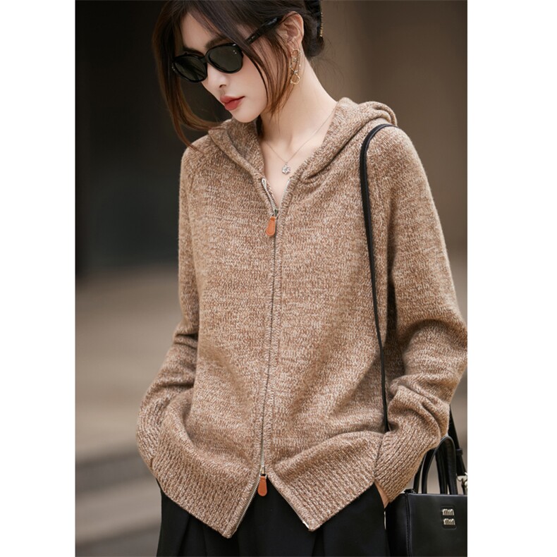 法式松弛感连帽100羊毛针织开衫女2025新款韩系巨好看毛衣外套，女装羊毛衫，九嘉羊绒