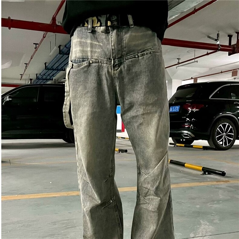 美式水洗做旧直筒牛仔裤女春秋季新款拼接工装裤宽松显瘦阔腿裤子,男装牛仔裤,星座218-1（原230）