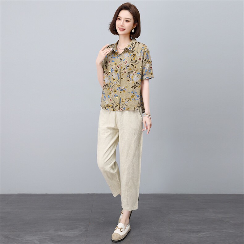 时尚印花衬衫棉麻套装女2025夏季新款中年妈妈洋气减龄亚麻两件套,女装套装/套裙,依恋蒂丝