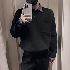 LV287/P88控118冬季元素格纹衬衫领假两件轻奢毛衣男黑首1，男装针织衫/毛衣，星座305B