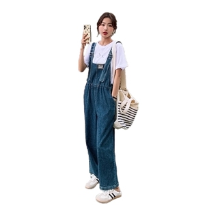 2023夏季新款休闲宽松显瘦牛仔松紧背带裤?纯色短袖T恤两件套女图片