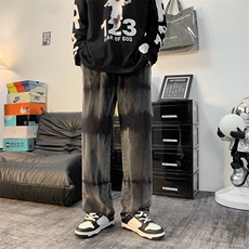 宽松扎染阔腿裤欧美vibe裤子高街潮ins牛仔裤男N8085-p45加绒p55，男装牛仔裤，星座1008-1