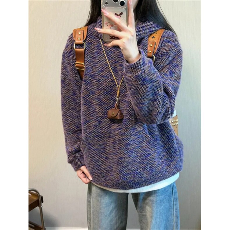 莫奈紫毛绒绒针织卫衣男款秋冬季懒惰松弛感连帽衫高级感情侣外套，女装短外套，星座410-7