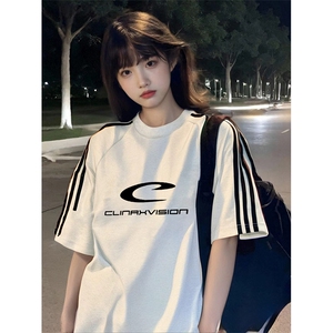 抖音得物高品质二开240克宽松纯棉美式潮牌三条杠织带短袖T恤图片