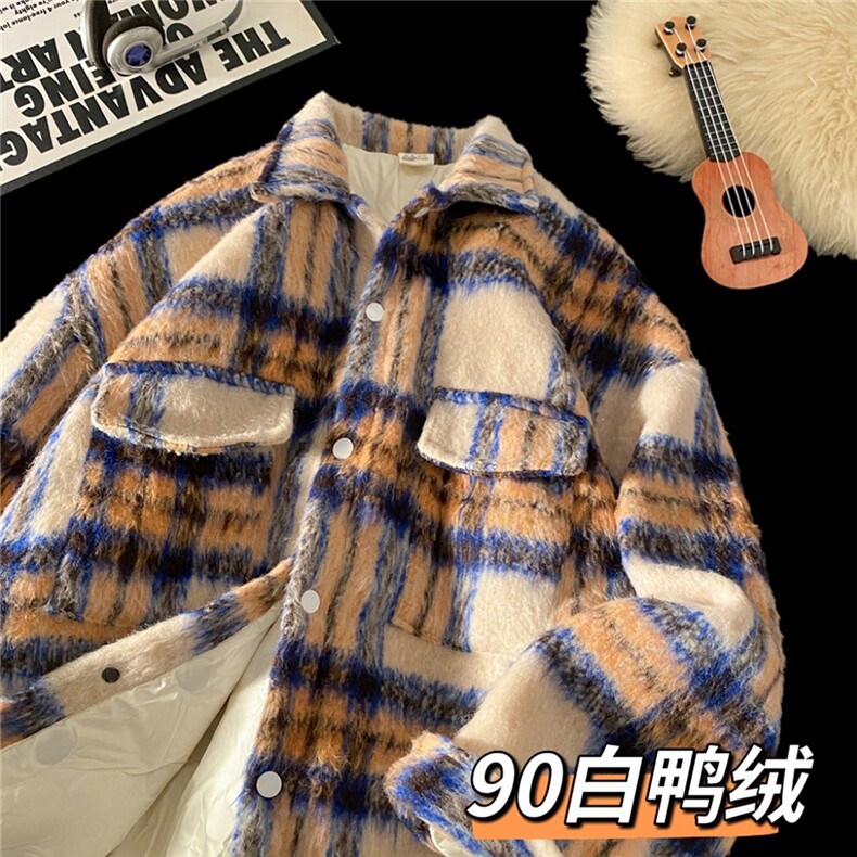 现货90白鸭绒毛呢料格子加厚羽绒服宽松大码外套A017YR99P225,男装羽绒服,电商A017