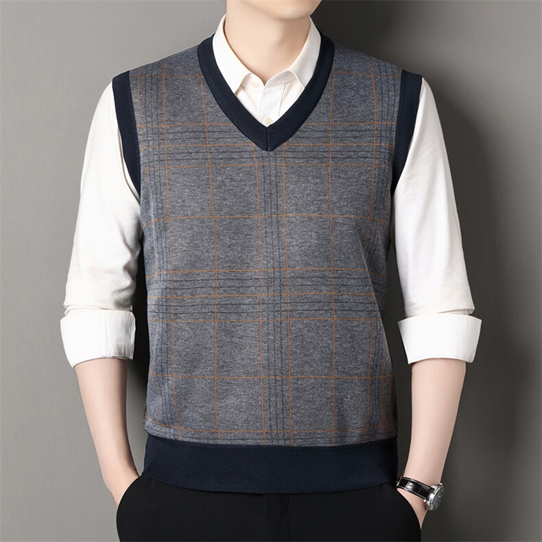 秋冬季加绒休闲爸爸装格子马甲套头宽松中老年款坎肩毛衣背心M27，男装针织衫/毛衣，星座1706