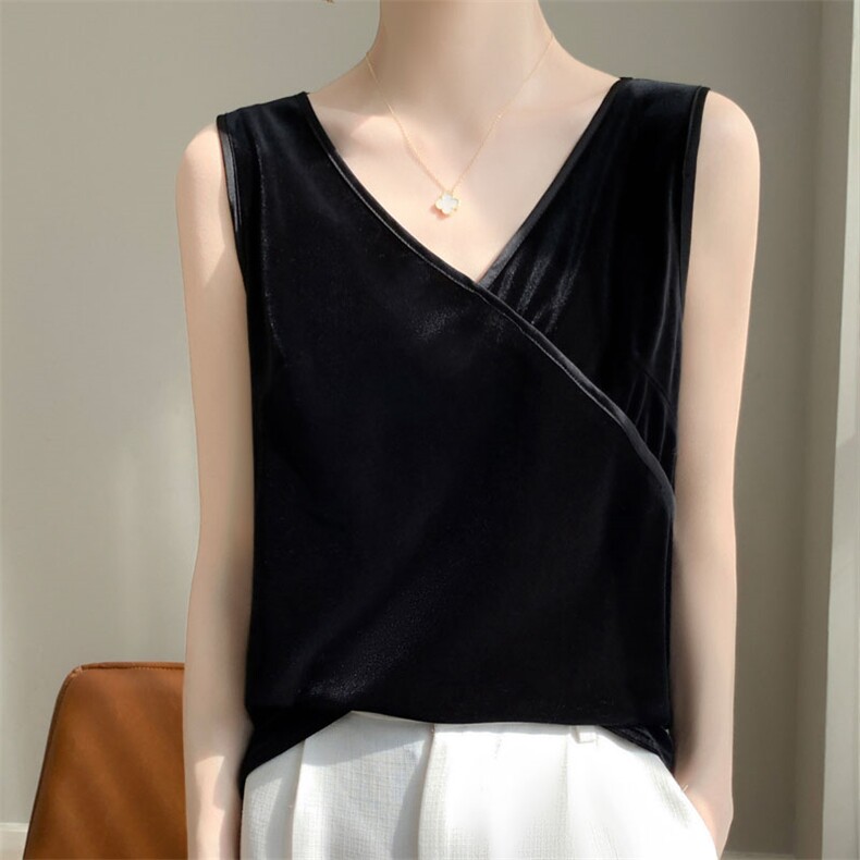 时尚黑色V领无袖上衣显瘦百搭吊带背心夏季必备单品，女装背心吊带，羊特美羊绒