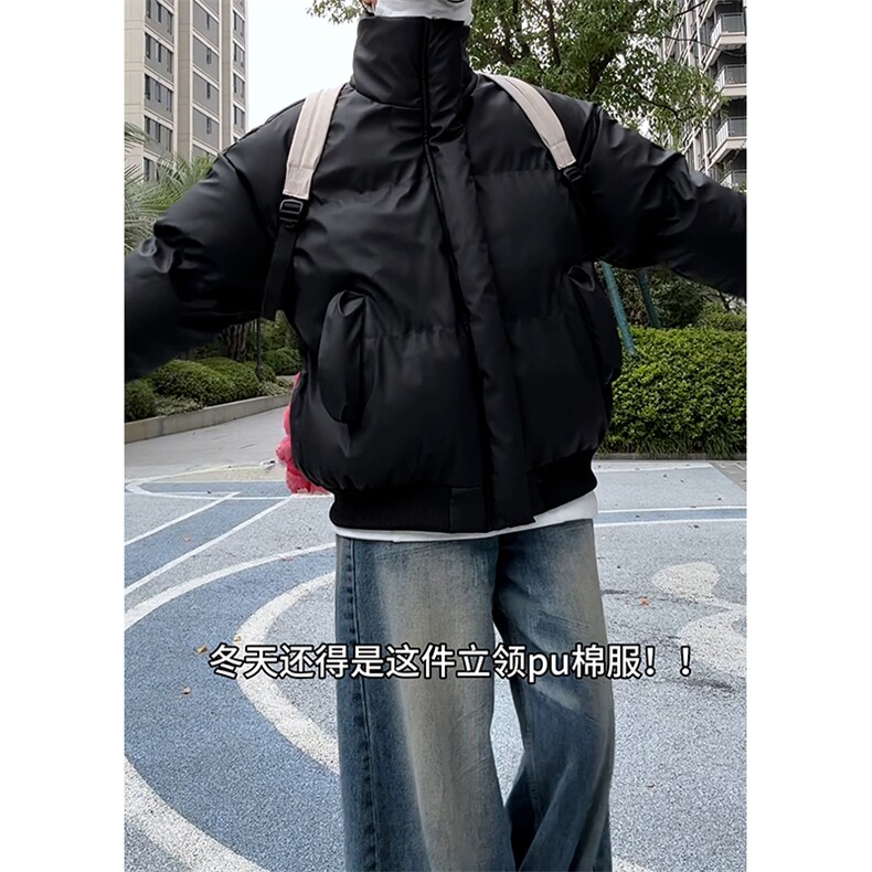 现货5W件冬季三防重磅boxy短款羽绒立领PU皮棉衣外套男女加厚棉服,男装棉衣,电商A486