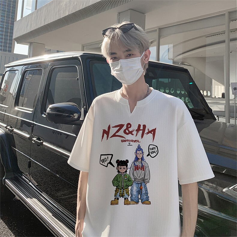 新款抖音直播得物痞帅肌理感V领短袖T7526P25控39图片