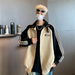 外套男潮牌三杠条纹撞色插肩袖休闲学院风运动夹克衫W6479-P58图片