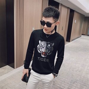 春款社会小伙亮片烫画欧货圆领毛衣修身针织打底衫 YK205-P65控85图片