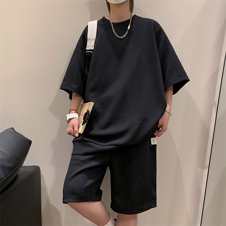 TZ83132/P65夏季新款提花短袖短裤t恤休闲宽松大码两件套套装男,男装休闲套装,电商A141