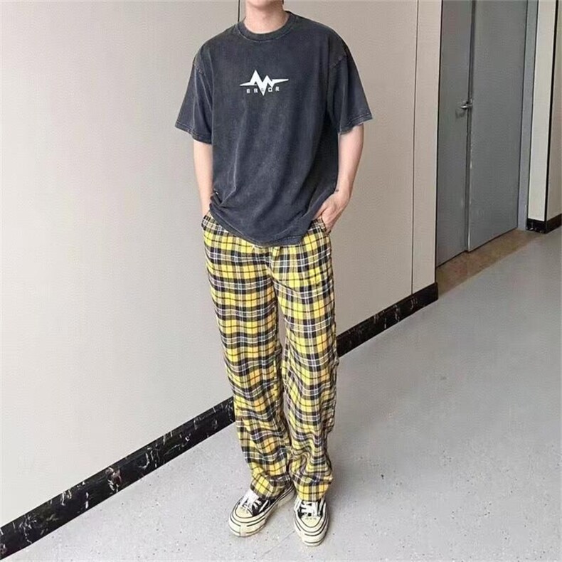 春秋款美式复古黄色格子长裤男生cleanfit日常慵懒休闲裤宽松直筒,男装休闲裤,星座506A