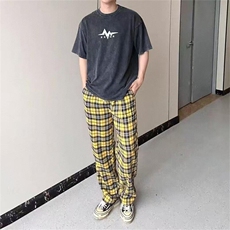 春秋款美式复古黄色格子长裤男生cleanfit日常慵懒休闲裤宽松直筒，男装休闲裤，星座506A