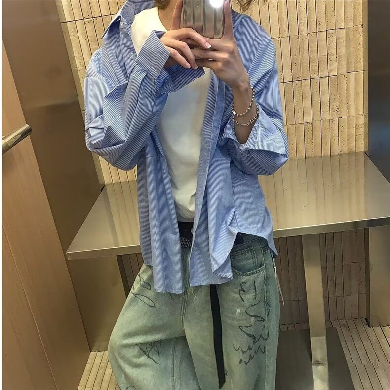 美式复古蓝色条纹衬衫男宽松设计感字母印花夏季长袖防晒衬衣2025,男装衬衫,星座506A