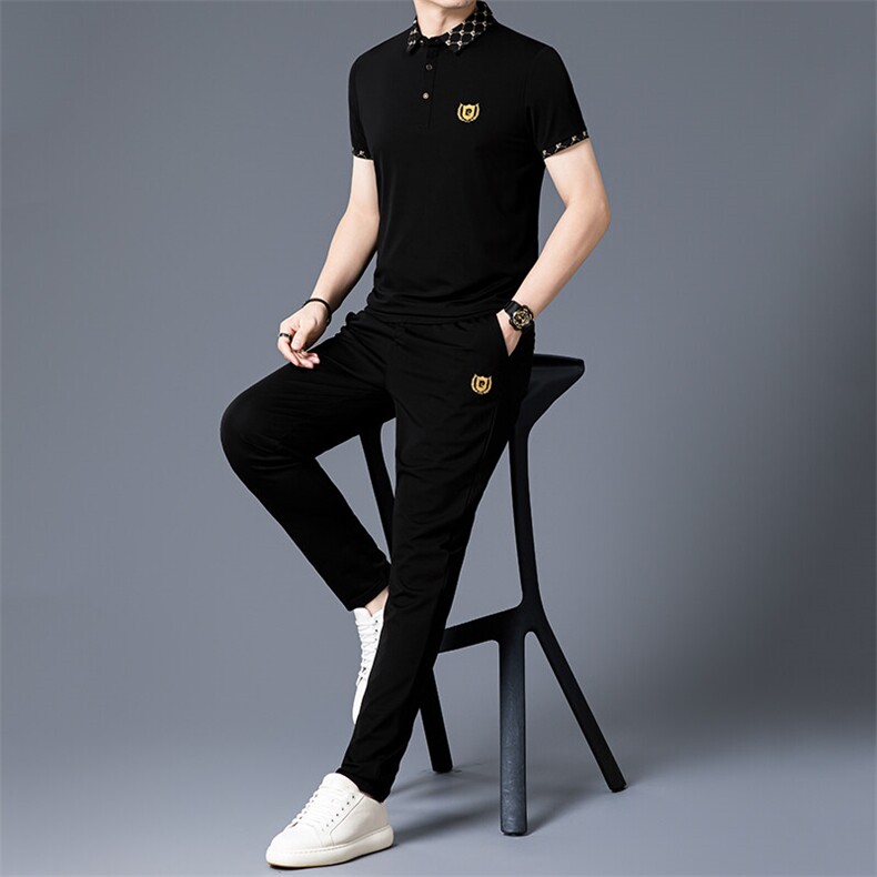 HP5090夏季新款男士休闲套装刺绣男装百搭二件套翻领,男装休闲套装,电商B360