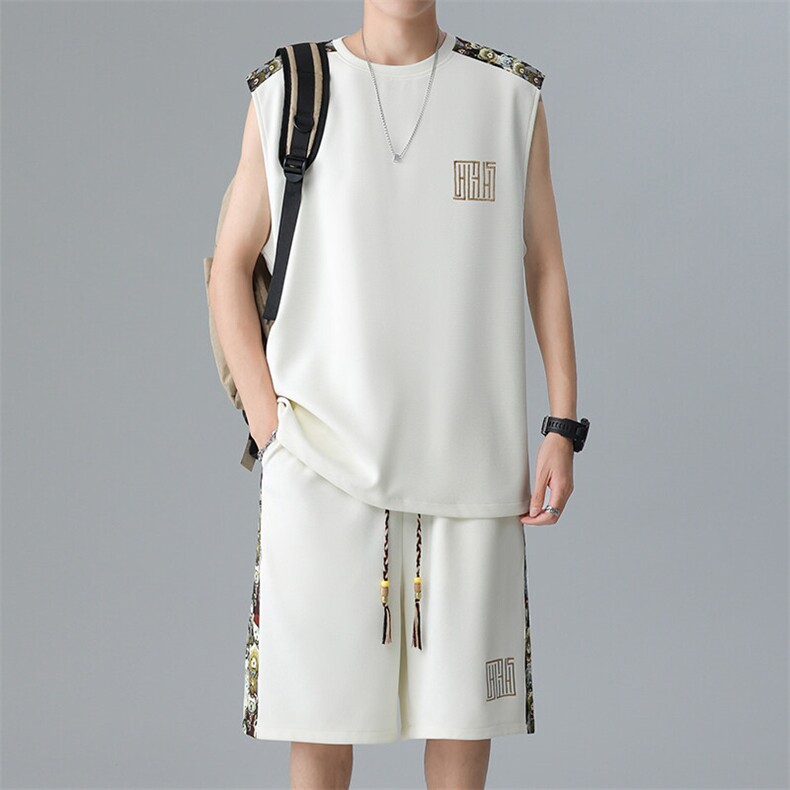 刺绣夏季休闲运动套装男背心短裤两件套拼接小熊A266-TZ2207-P43,男装牛仔裤,电商A266